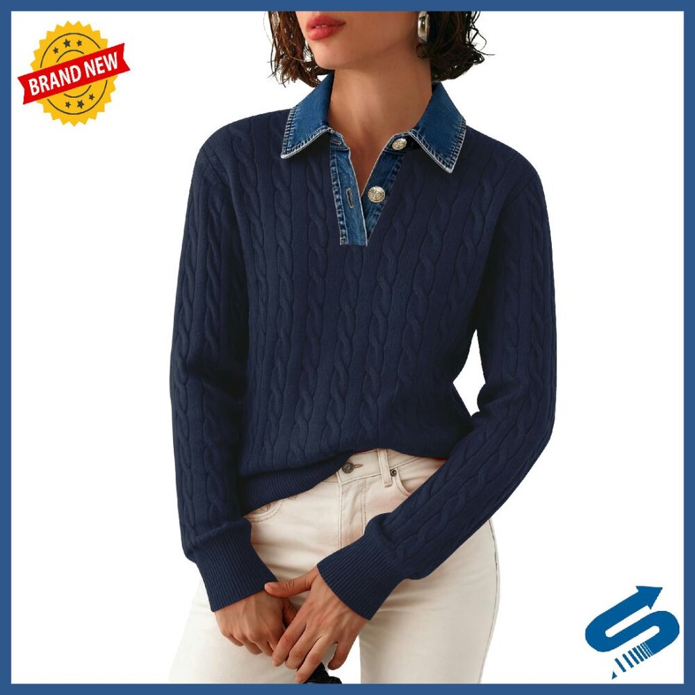 Denim Lapel V-Neck Cable Knit Pullover Sweater Long Sleeve Loose Fit